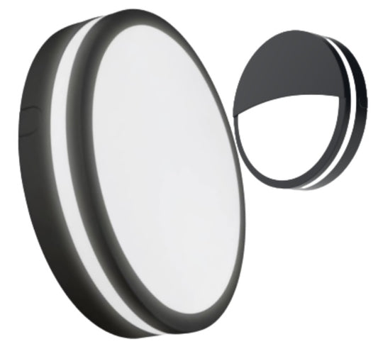Orion LED CCT multi-watt circular bulkhead light in black with optional eyelid, suitable for indoor and outdoor use