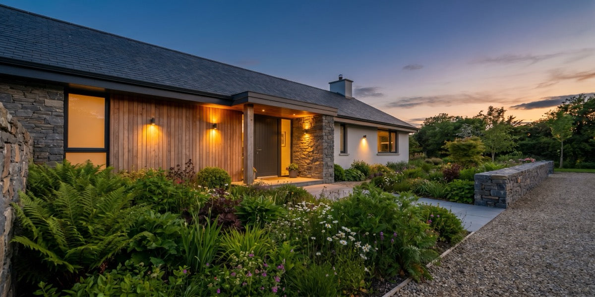 Modern Irish home exterior with outdoor lighting at dusk