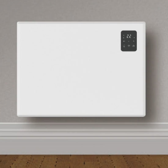 Titan WiFi electric panel heater video, white wall mounted smart heater with digital thermostat