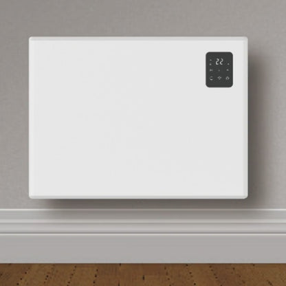 Titan WiFi electric panel heater video, white wall mounted smart heater with digital thermostat