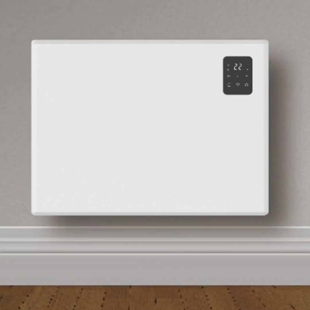 Titan WiFi electric panel heater video, white wall mounted smart heater with digital thermostat
