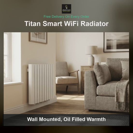 Titan smart WiFi electric radiator shown in white and in matt black across five sizes, with app control, a 24 hour timer and free delivery from Shamrock Electrical