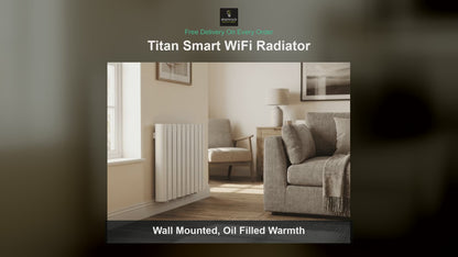Titan smart WiFi electric radiator shown in white and in matt black across five sizes, with app control, a 24 hour timer and free delivery from Shamrock Electrical