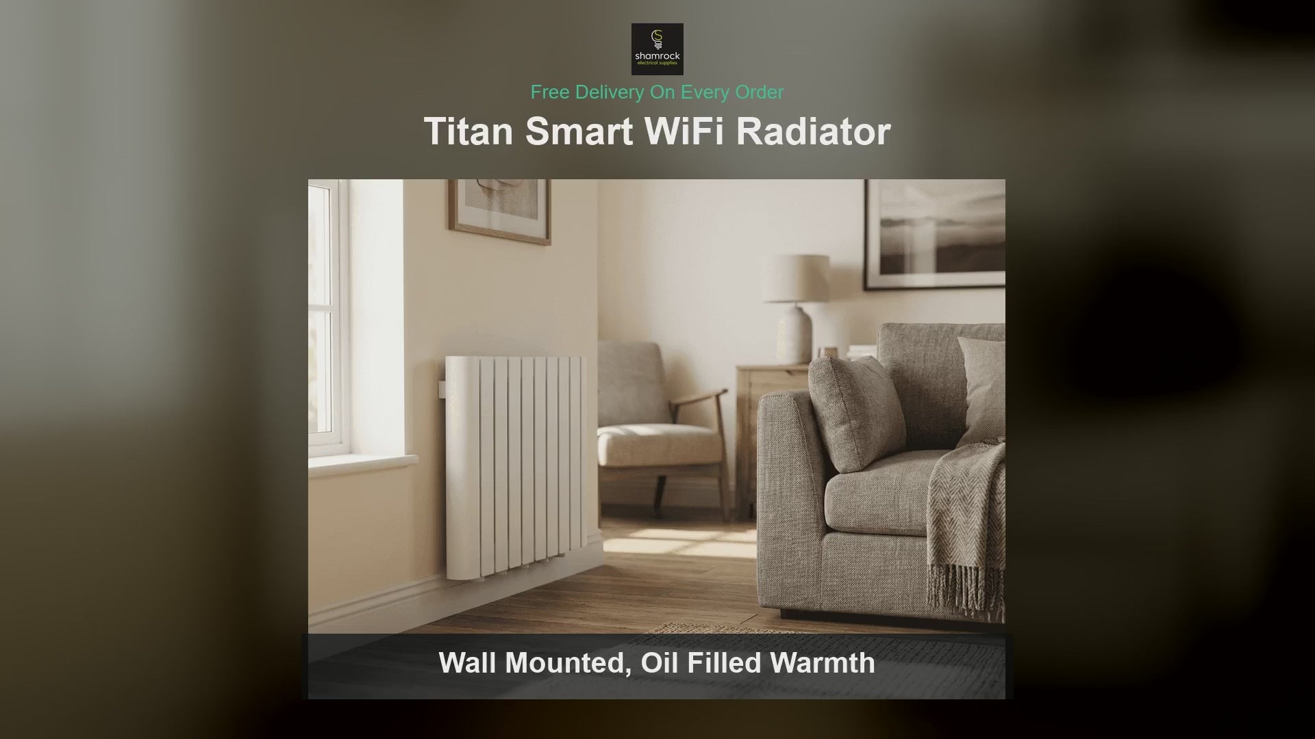 Titan smart WiFi electric radiator shown in white and in matt black across five sizes, with app control, a 24 hour timer and free delivery from Shamrock Electrical