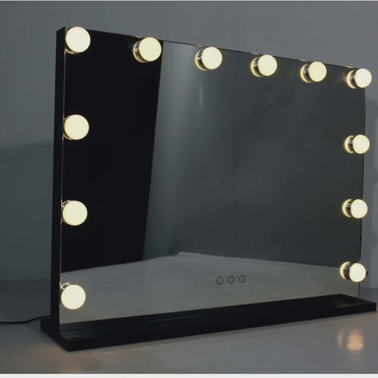 Hollywood LED vanity mirror video, 12 dimmable bulbs switching from warm to natural to cool white light