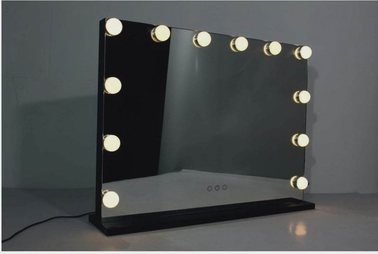 Hollywood LED vanity mirror video, 12 dimmable bulbs switching from warm to natural to cool white light