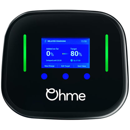 Ohme Home Pro 7.4kW EV charger front view showing the LCD charging screen and control buttons