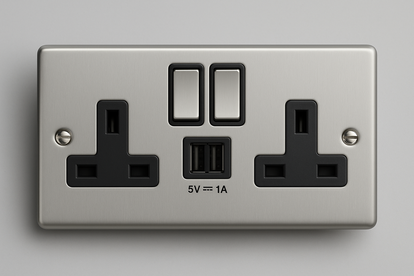 Satin chrome 13A 2 gang twin switched socket with 2 USB ports and black inserts, Claddagh Collection round corner design.