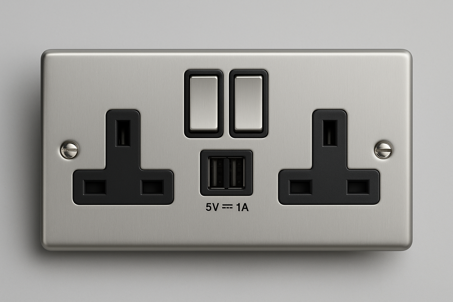 Satin chrome 13A 2 gang twin switched socket with 2 USB ports and black inserts, Claddagh Collection round corner design.