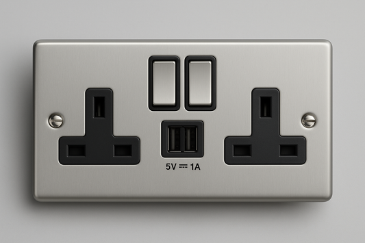 Satin chrome 13A 2 gang twin switched socket with 2 USB ports and black inserts, Claddagh Collection round corner design.