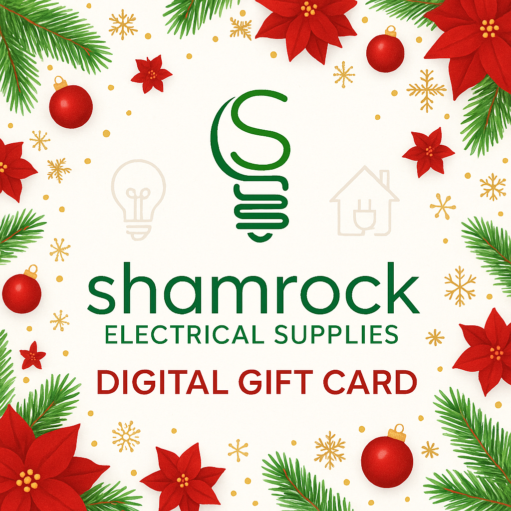 Festive Shamrock Electrical Supplies digital gift card with Christmas decorations, pine branches, red poinsettias, and gold snowflakes.