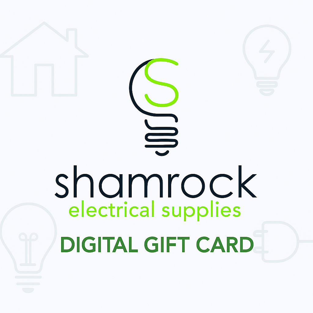 Digital gift card for Shamrock Electrical Supplies, available for purchase online and redeemable on all lighting and electrical products.