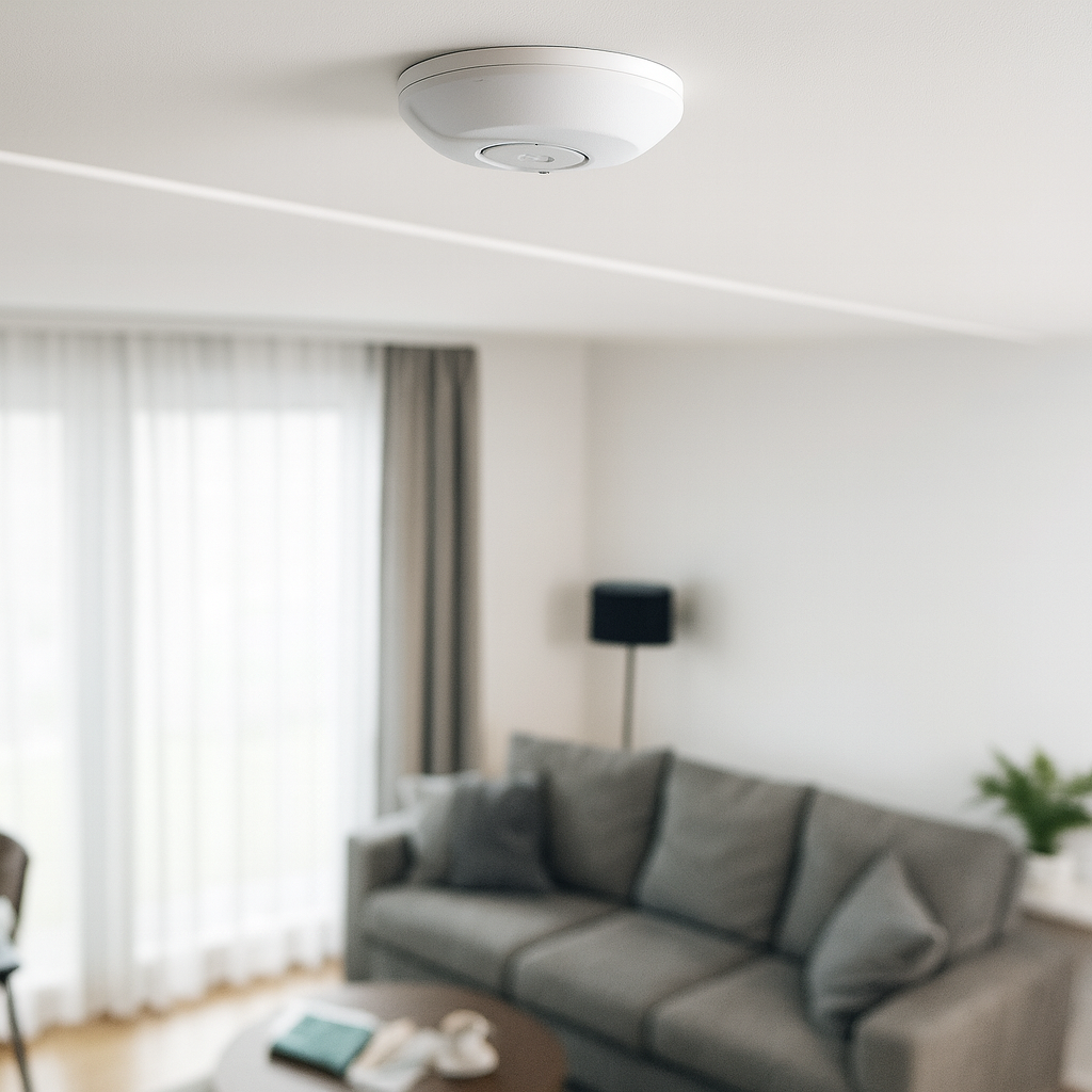 A white Evolec mains smoke detector securely installed on the ceiling of a modern living room, blending with the interior for discreet fire safety.