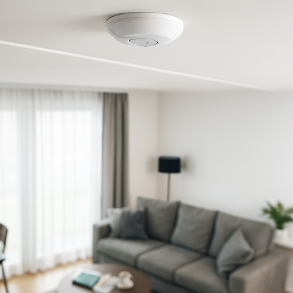 A white Evolec mains smoke detector securely installed on the ceiling of a modern living room, blending with the interior for discreet fire safety.