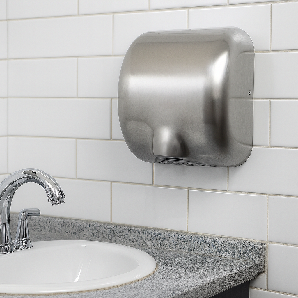 Wall-mounted stainless steel hand dryer installed above a sink in a modern tiled bathroom.
