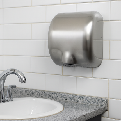 Wall-mounted stainless steel hand dryer installed above a sink in a modern tiled bathroom.