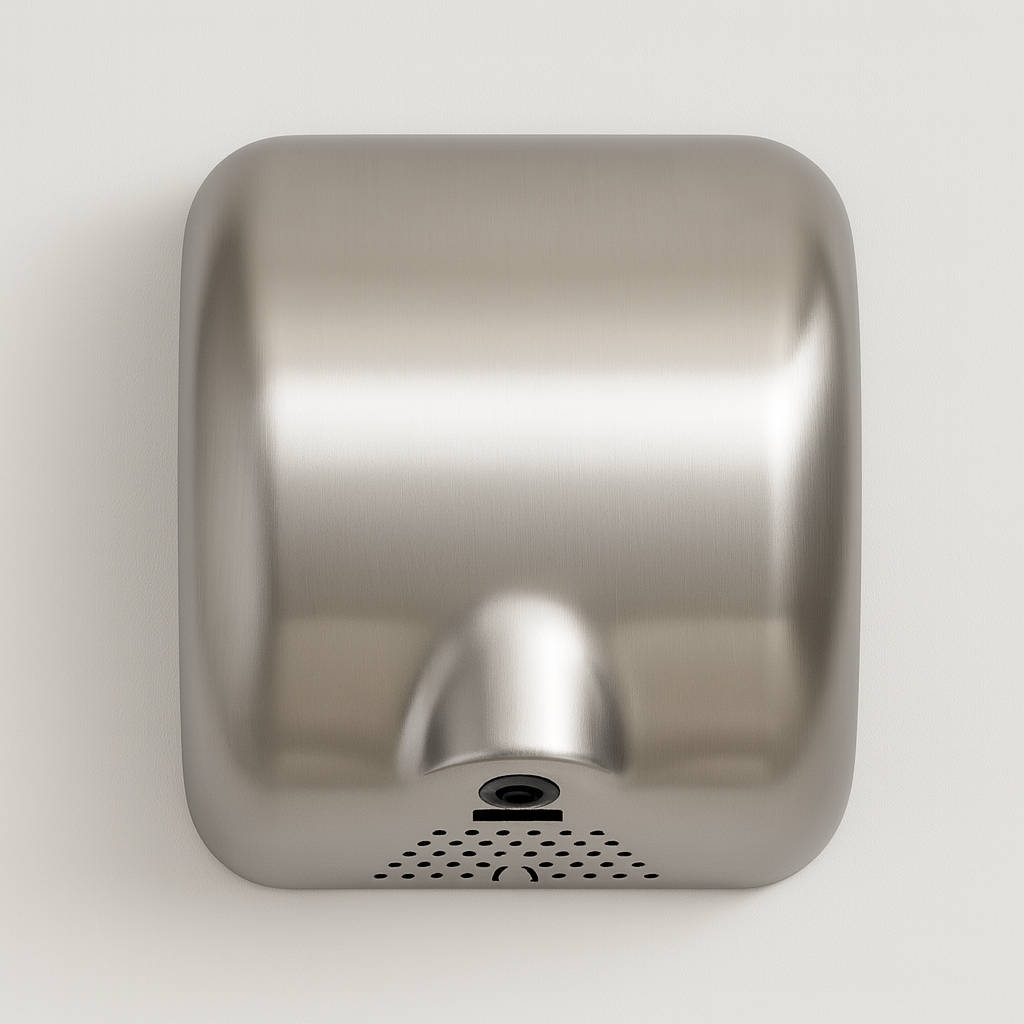 Stainless steel automatic hand dryer with a sleek, durable design for commercial washrooms.