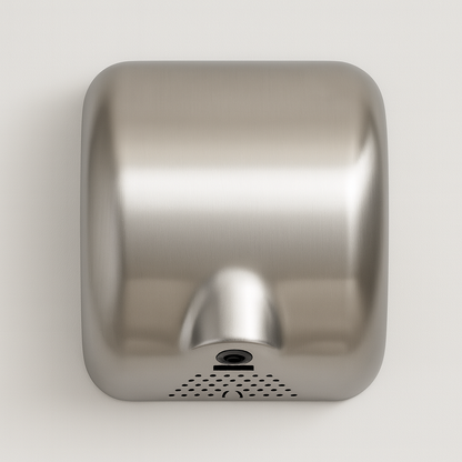 Stainless steel automatic hand dryer with a sleek, durable design for commercial washrooms.