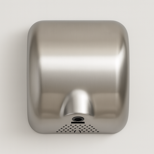 Stainless steel automatic hand dryer with a sleek, durable design for commercial washrooms.