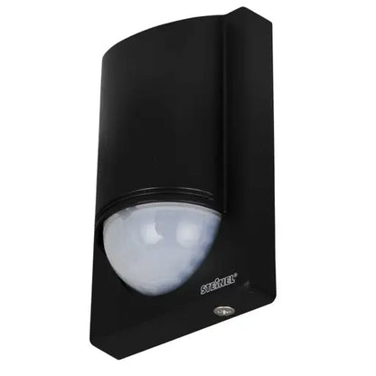 Angled view of the Steinel IS 2180 ECO black wall PIR motion detector with dome lens, up to 12 m range, IP54.
