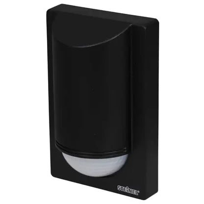 Steinel IS 2180 ECO outdoor PIR motion sensor in black, 180° detection, wall-mounted—front view.