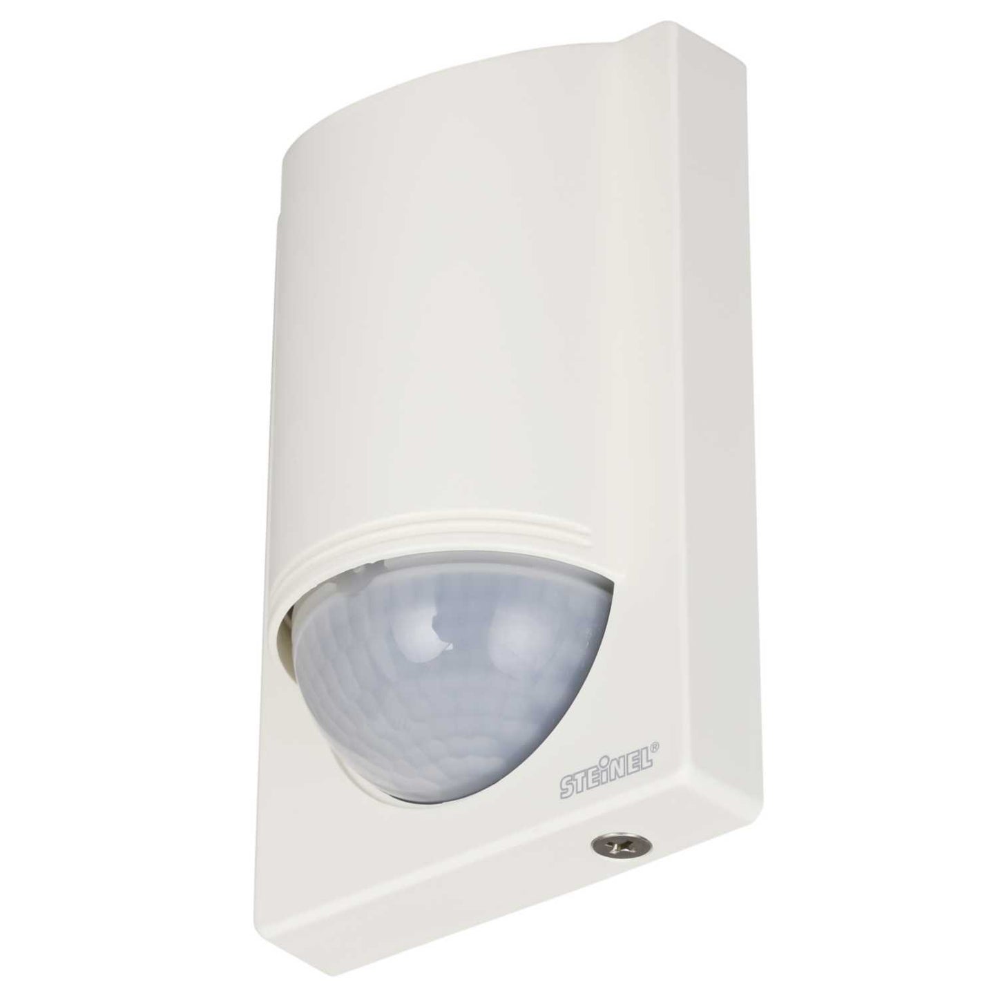Angled view of the Steinel IS 2180 ECO white wall PIR motion detector, up to 12 m range, IP54.
