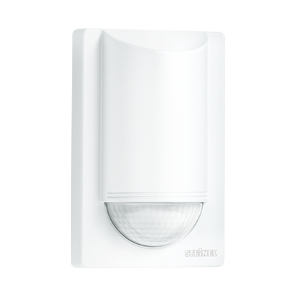 Steinel IS 2180 ECO outdoor PIR motion sensor in white, 180° detection, wall-mounted—front view.