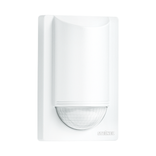 Steinel IS 2180 ECO outdoor PIR motion sensor in white, 180° detection, wall-mounted—front view.