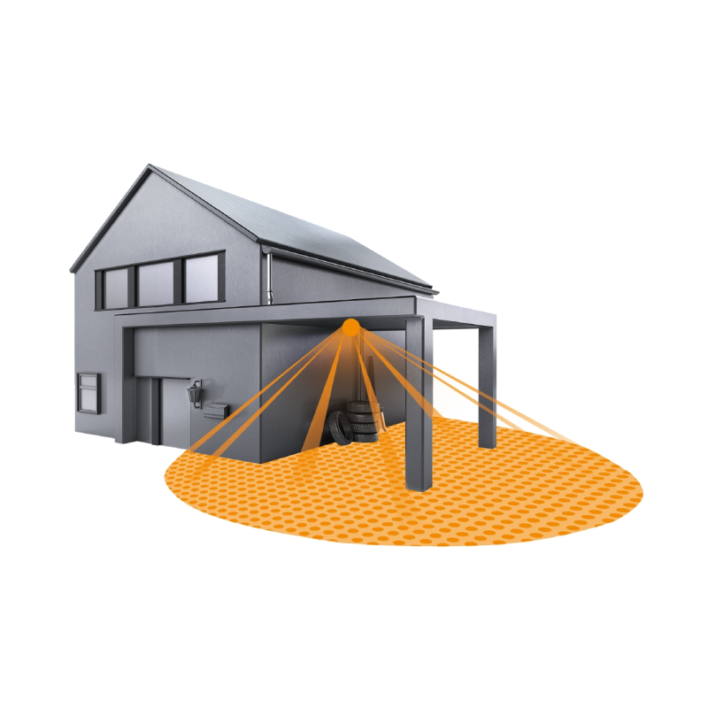 360° detection coverage illustration for the Steinel IS 2360 DE ECO ceiling PIR, up to 8 m.