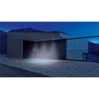 Steinel IS 2360 DE ECO recessed PIR activating ceiling lights at night—360° motion detection for entrances and canopies.