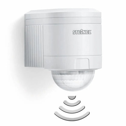 Steinel IS 240 DUO PIR motion sensor in white—240° wall/corner-mount detector, front view.
