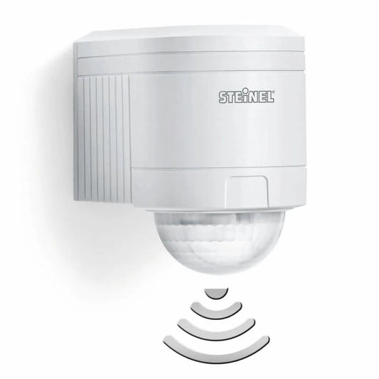 Steinel IS 240 DUO PIR motion sensor in white—240° wall/corner-mount detector, front view.