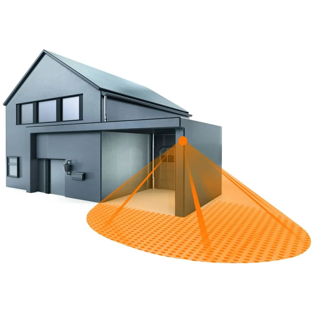 Coverage diagram for the Steinel IS 240 DUO white PIR showing 240° field and up to 12 m detection range for outdoor security lighting.