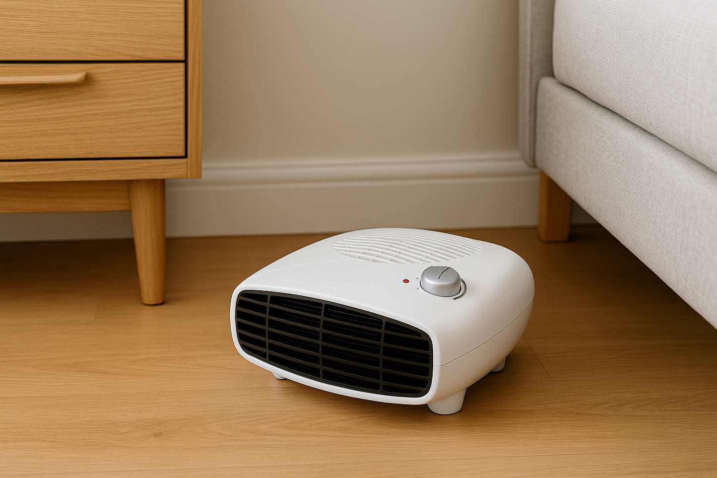 Titan 2kW Letterbox Fan Heater placed on a solid floor between a bedside locker and bed.