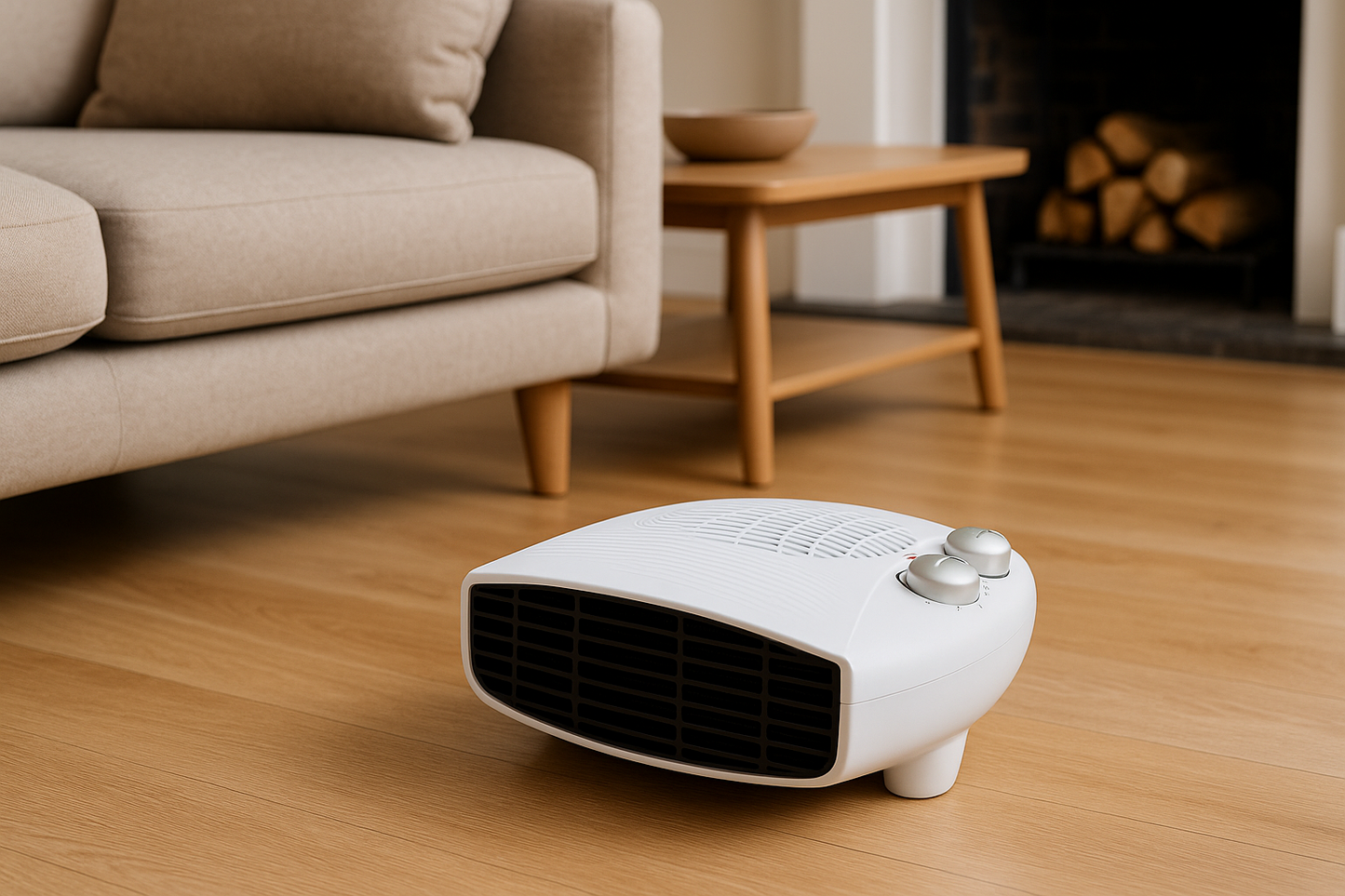 Titan 2kW Letterbox Fan Heater on hardwood living room floor beside a sofa and coffee table.