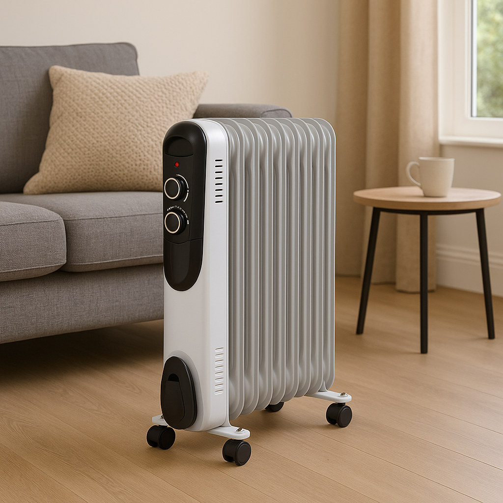 Titan 2kW oil-filled radiator heater in a living room next to a sofa and coffee table, offering quiet and efficient home heating.