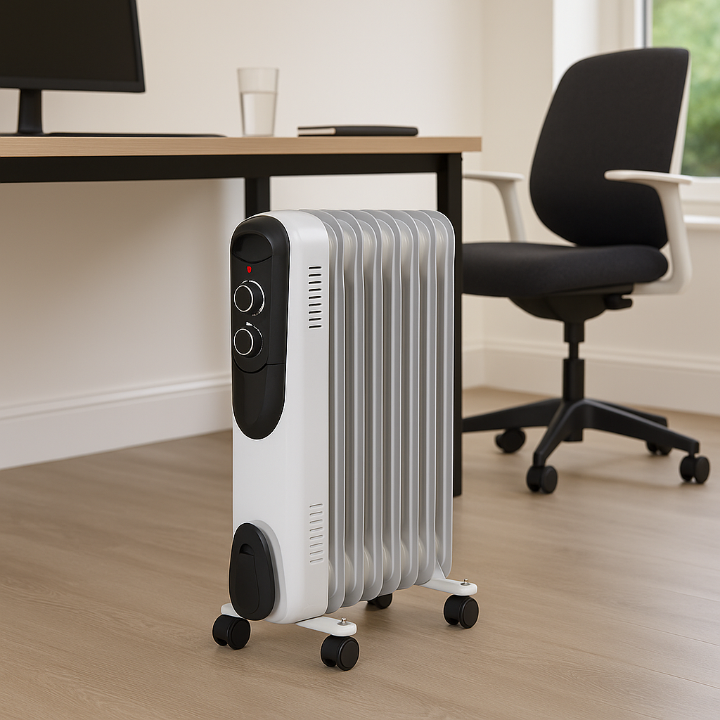 Titan 2kW oil-filled radiator heater placed beside a modern office desk and chair, providing portable heating in a workspace.