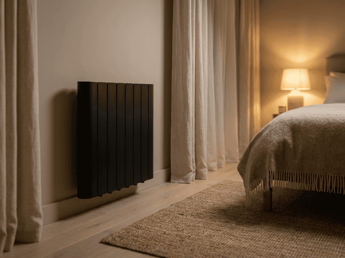 A matt black Titan finned electric radiator wall mounted low in a warm modern Irish bedroom, beside linen curtains and a bed with a lamp lit at night