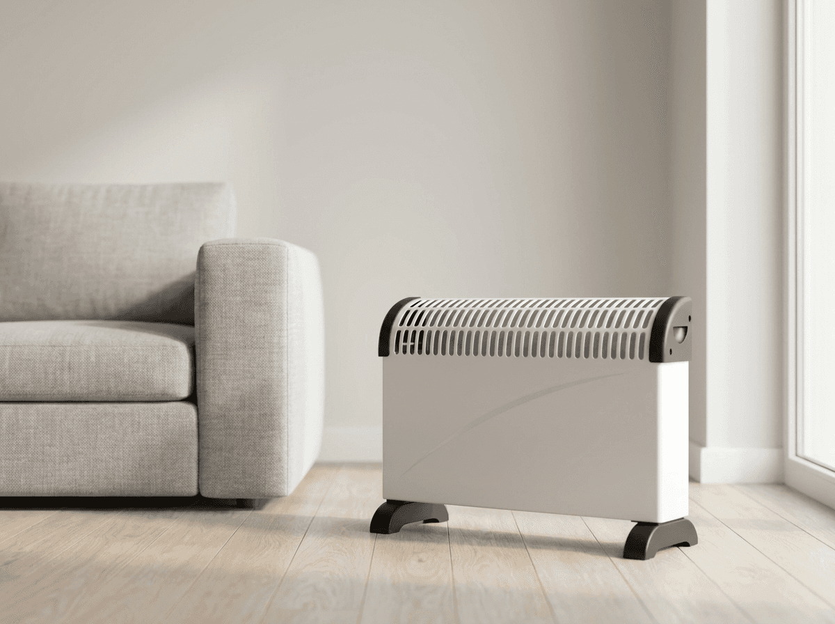 A white Titan 2kW convector heater standing on its black feet on a pale oak floor beside a light grey sofa in a bright Irish living room