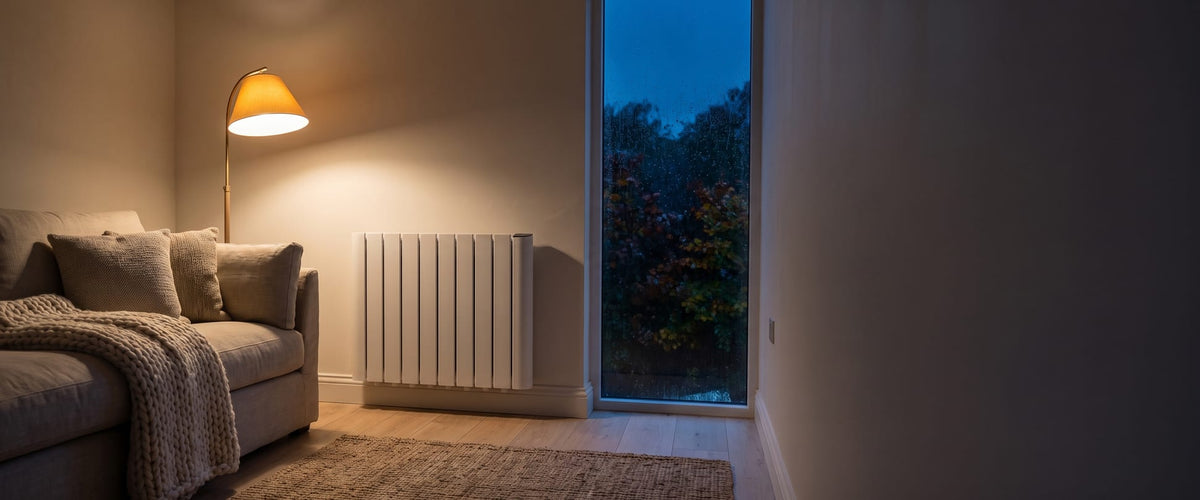 White Titan Smart WiFi electric radiator wall mounted low in a cosy Irish living room at dusk, beside a sofa and floor lamp with rain on the window