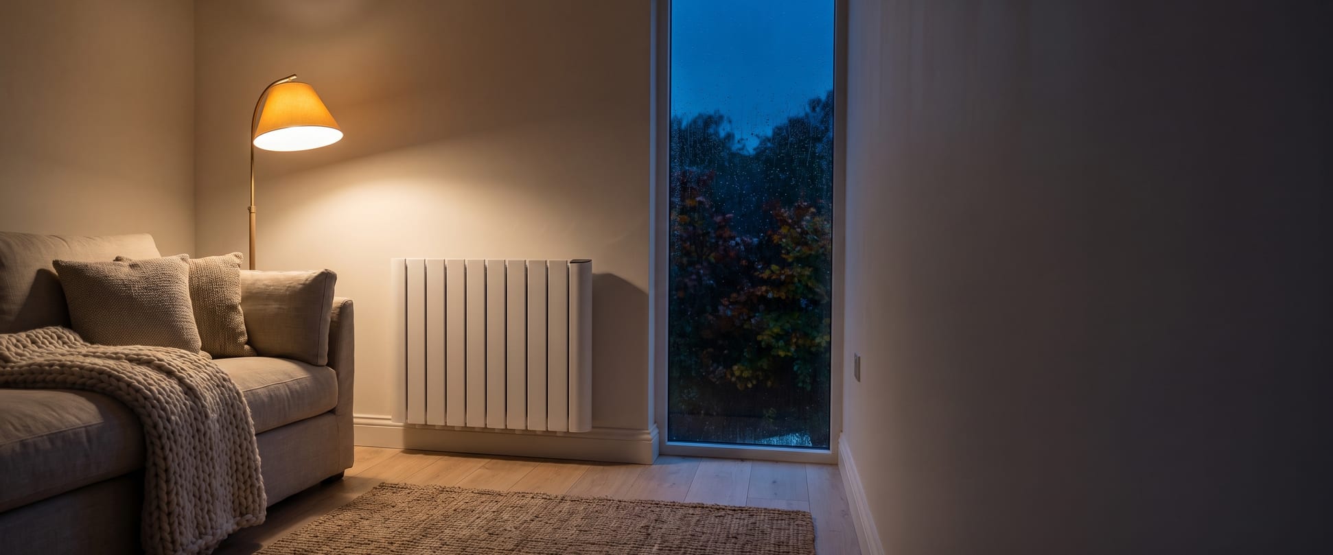 White Titan Smart WiFi electric radiator wall mounted low in a cosy Irish living room at dusk, beside a sofa and floor lamp with rain on the window