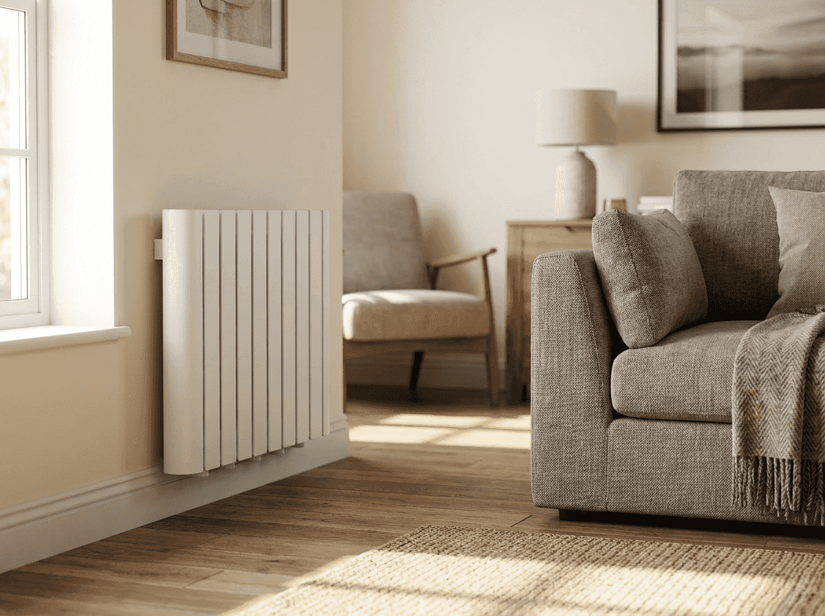 A white Titan smart WiFi electric radiator wall mounted low beneath a window in a bright Irish living room, with no pipework or valves