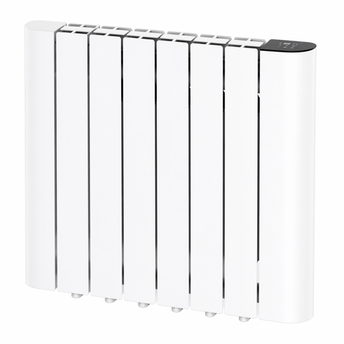 Titan 1200W six fin smart WiFi electric radiator in white, showing the aluminium fins and the digital control panel on the right end cap