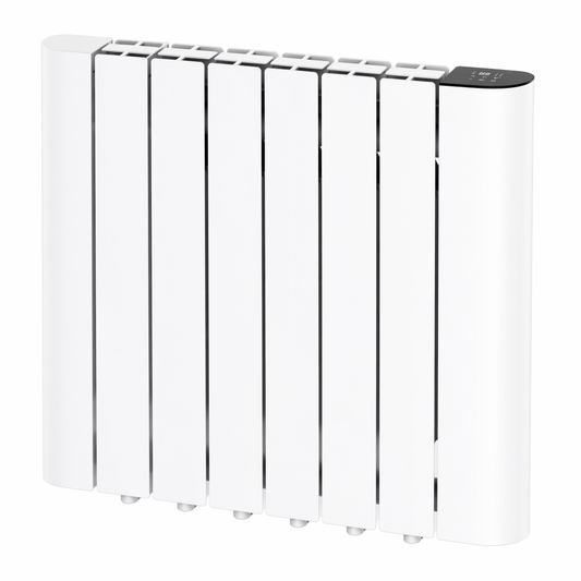 The Titan smart WiFi electric radiator in white, showing its aluminium fins and the digital control panel on the right end cap