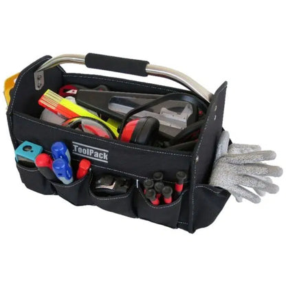 ToolPack Extend 360.016 open tool bag loaded with tools, multiple exterior pockets and stainless carry handle.