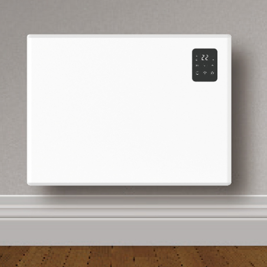 Modern white wall-mounted digital electric panel heater with LED temperature display, ideal for home or office heating.