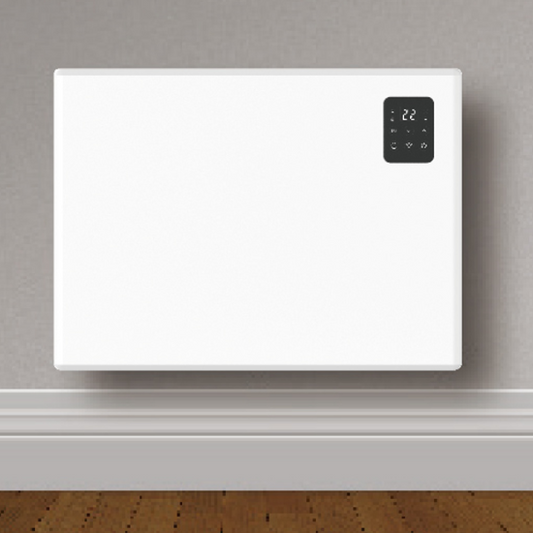 Modern white wall-mounted digital electric panel heater with LED temperature display, ideal for home or office heating.