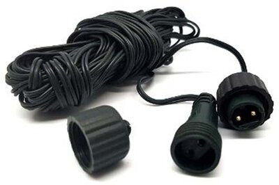 Yuletide 3 metre black extension lead coiled, with a male and a female connector for low voltage string lights