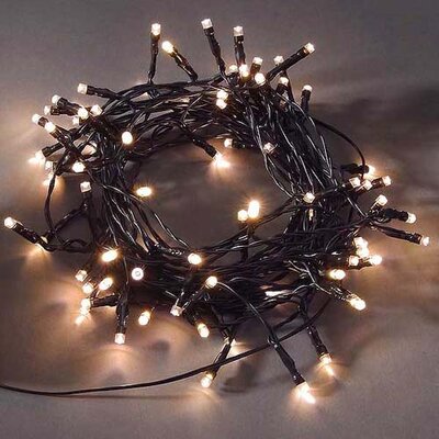 Yuletide battery LED string lights lit in warm white on dark green cable