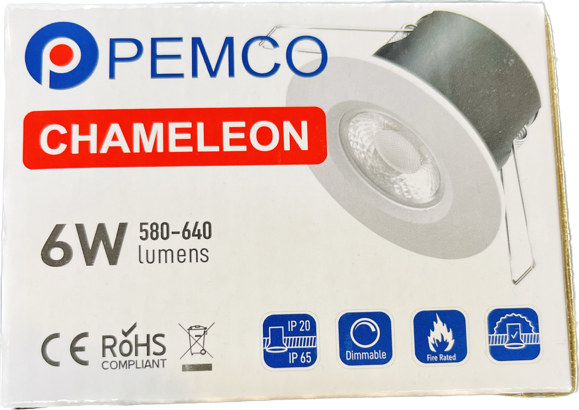 Pemco Chameleon 6W fire-rated LED downlight product box showing the light, wattage and lumen rating.